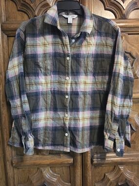 Old Navy Olive, Pink & Yellow Plaid Button-Down Shirt